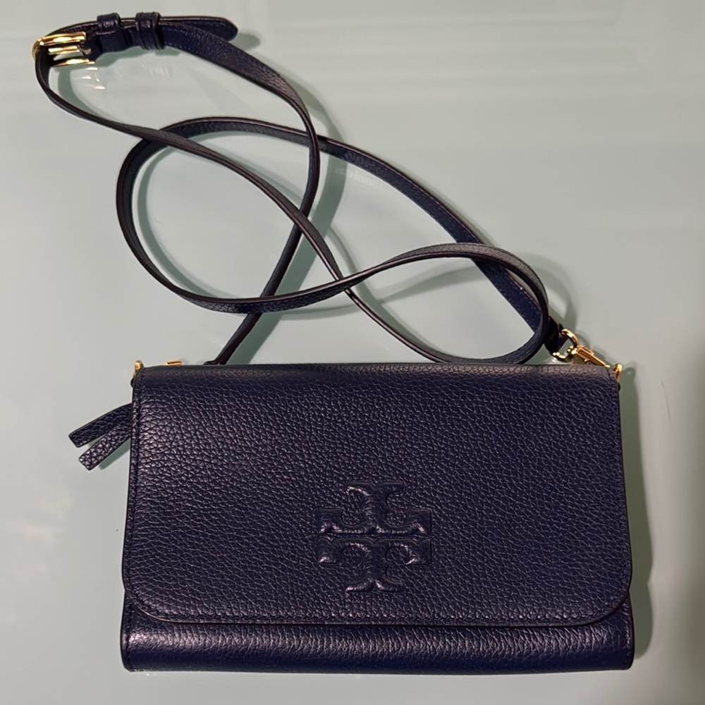 Tory Burch Dark Blue Pebbled Leather Crossbody